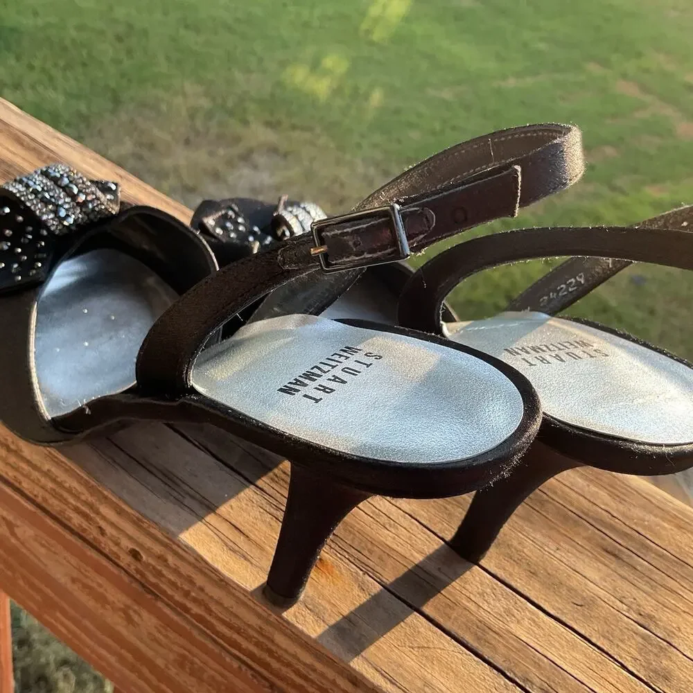 Stuart Weitzman Women’s Black Size 9M Satin Slingback Heels Peep Toe Formal